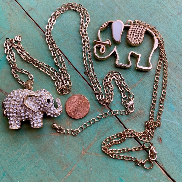 Lucky ELEPHANT'S  - Two Cute Sweet Elephant Necklace - Crystal & Enameled - Picture 1 of 7